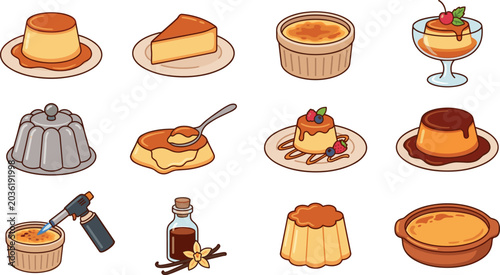 Foto Flan and Creme Brulee Dessert Vector Set with Caramel Custard Pudding, Vanilla E