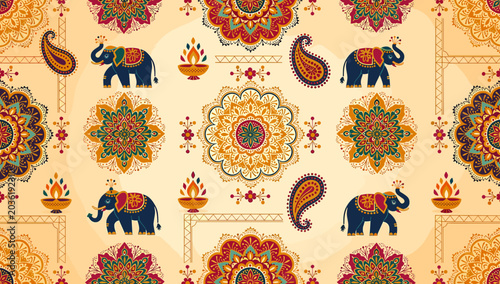 Canvastavla Seamless Indian cultural pattern with elephants, paisley motifs, and decorative mandalas on a warm, textured background