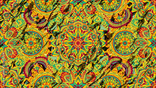 Quadro su tela Vibrant and intricate ornamental pattern with rich colors and detailed floral motifs, creating a mesmerizing kaleidoscopic design