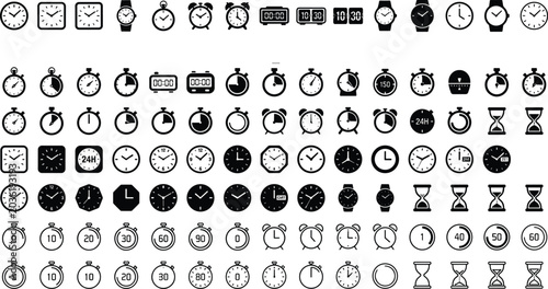 Bild auf Leinwand Minimalist Time and Clock Icon Mega Pack with Alarm Clocks, Wristwatches, Stopwa