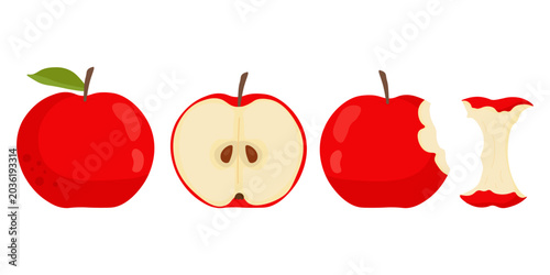 A horizontal set of red apples showing the lifecycle from a whole fruit with a green leaf, to a halved section with seeds, a bitten side, and a leftover apple core, isolated on a white background.