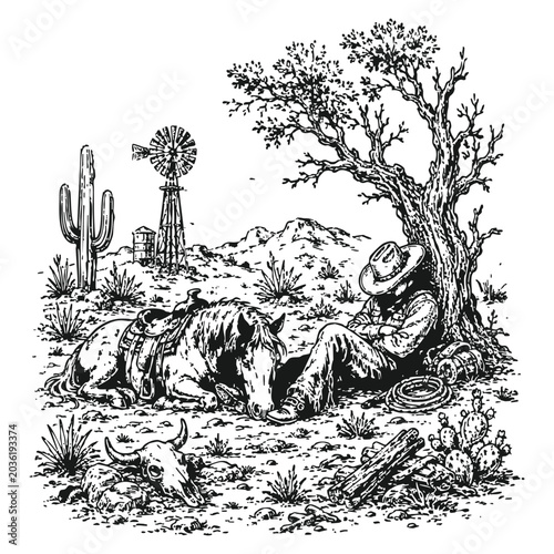Schilderij op canvas Vintage Hand Drawn Sleeping Cowboy Illustration - Retro Wild West Vector Landsca