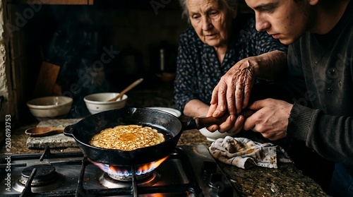 Young man and elderly woman cooking pancakes on a gas stove