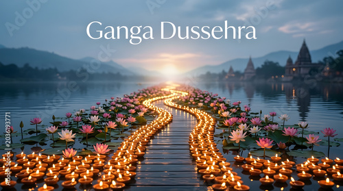 Ganga Dussehra festival river water mountain path diya lamp light flame lotus flower sunset sky nature