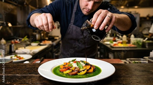 Professional chef pouring balsamic glaze over fresh tomato salad