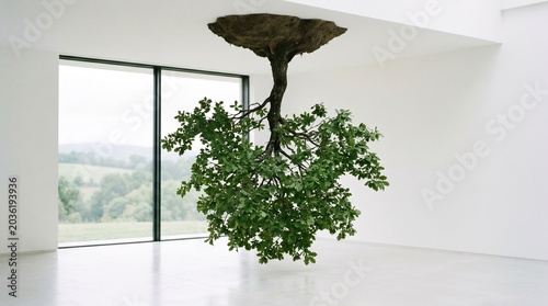 Upside Down Tree Growing Indoors with Green Leaves