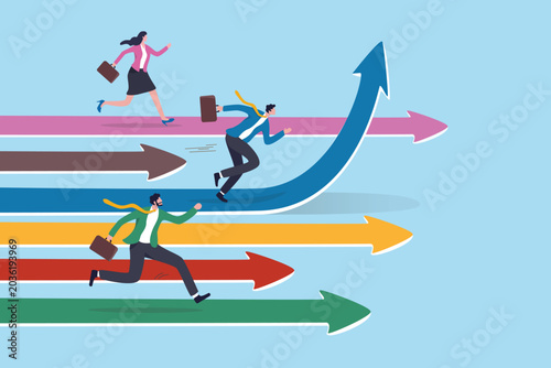 Change direction for opportunity, courage to transform to new path, improvement or alternative upward way, rising hope to succeed, business people running to change direction to new path to success.