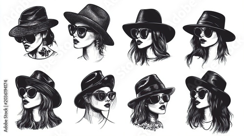 Stylish Women in Hats: A Monochrome Fashion Illustration