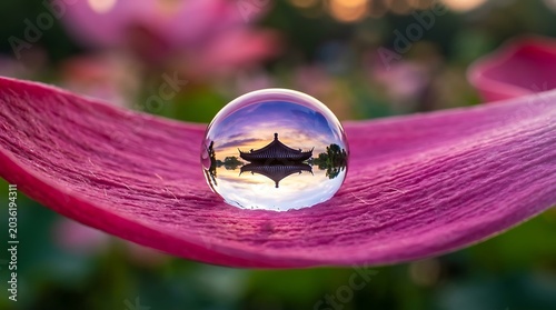 Traditional pagoda reflected in a crystal ball on a pink flower petal