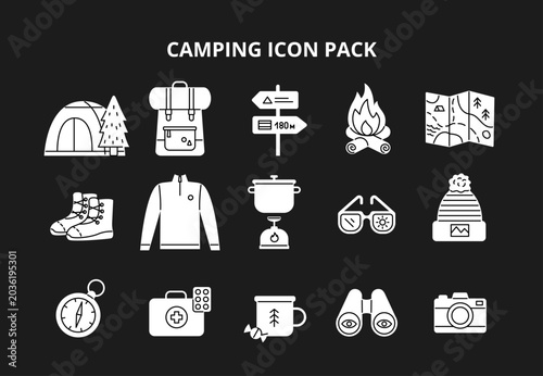 Camping and outdoor adventure icons. Travel and hiking equipment. White vector illustrations isolated on a black background.