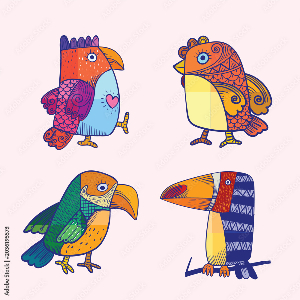 Fototapeta premium Cute colorful hand drawn cartoon birds collection with abstract decorative patterns playful folk art style isolated on white background. Perfect for children illustration, nursery decor, stickers.