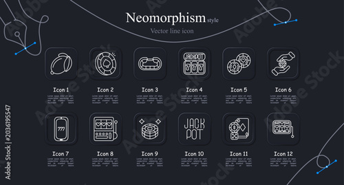 Casino gambling set icon. Poker chips, roulette wheel, slot machine jackpot, casino tokens, betting hand, slot machine screen, lucky machine, chip stack, jackpot sign, playing cards