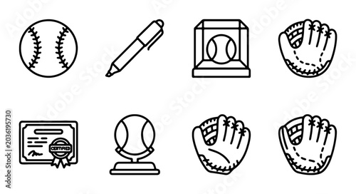 Foto Baseball Icons Set: Ball, Glove, Trophy, Certificate, Pen, Display Case, Vector