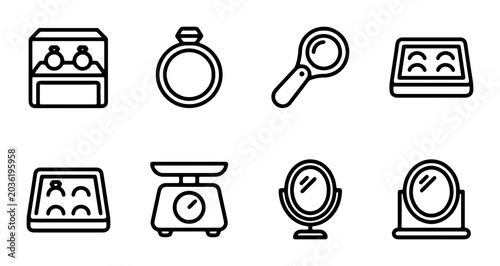 Foto Jewelry Icons Set, Ring, Magnifying Glass, Scales, Display Case, Mirror, Vector