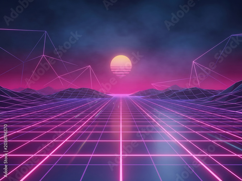Vibrant retro-futuristic digital landscape at dusk, featuring an expansive glowing neon grid and a radiant sunset on the distant horizon, evoking a sense of limitless virtual space