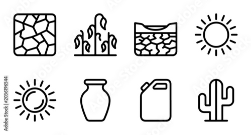 Tableau sur toile Desert Drought Icons: Sun, Cracked Earth, Wilted Plants, Cactus, Water Jar, Fuel