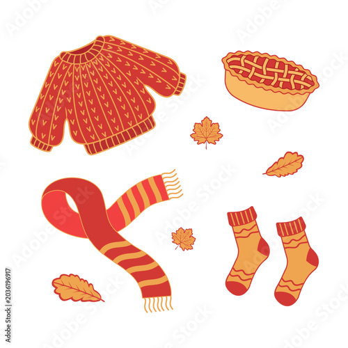 Autumn cozy set: sweater, comforter, jacket, pie, socks, notebook, jam, piece of pumpkin pie, tree leaves