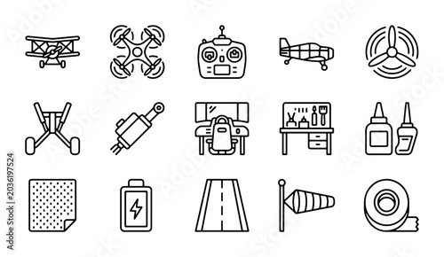 Bild auf Leinwand RC Aircraft Icons Set, Drone, Airplane, Remote Control, Propeller, Landing Gear,