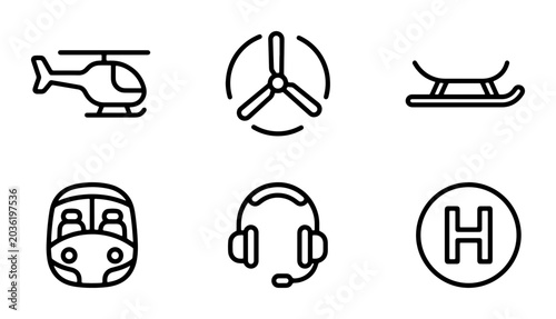 Obraz na płótnie Transportation Icons: Helicopter, Propeller, Sled, Train, Headset, Helipad, Avia