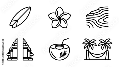 Foto Tropical Vacation Icons: Surfboard, Flower, Bali Gate, Coconut Drink, Palm Trees