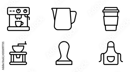 Tableau sur toile Coffee Shop Icons: Espresso Machine, Grinder, Cup, Pitcher, Tamper, Apron Vector