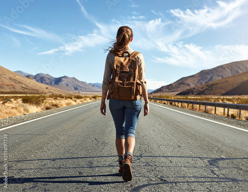 Photography Solo Traveler Walking Along Open Highway Road with Backpack, Adventure Journey C