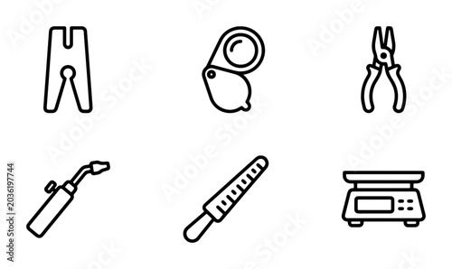 Bild auf Leinwand Jewelry Tools Icons Set, Goldsmith Equipment Vector Graphics, Crafting Supplies
