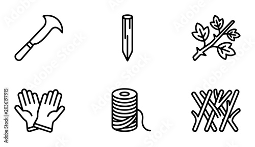 Obraz na płótnie Gardening Tools Icon Set: Pruner, Stake, Twig, Gloves, Twine, Brushwood Vector G