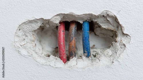 Open drywall cavity with electrical conduit and exposed insulated wire during repair work.