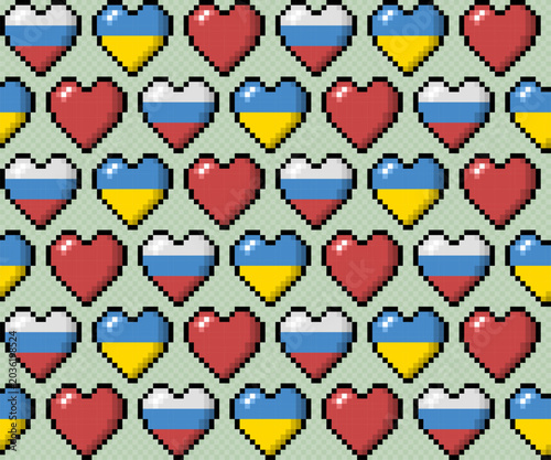 Background with hearts in the colors of flags Russia and Ukraine.
