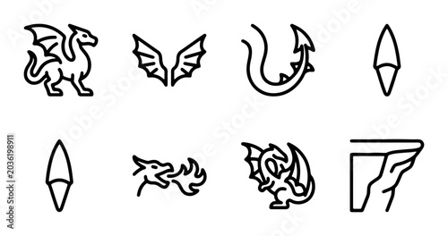 Photography Mythical Dragon Icons Set, Fantasy Creature Vector Graphics, Ancient Legend Symb