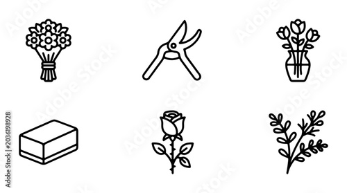 Tableau sur toile Floral Icons Set: Bouquet, Vase, Rose, Pruners, Gift Box, Branches | Vector Grap