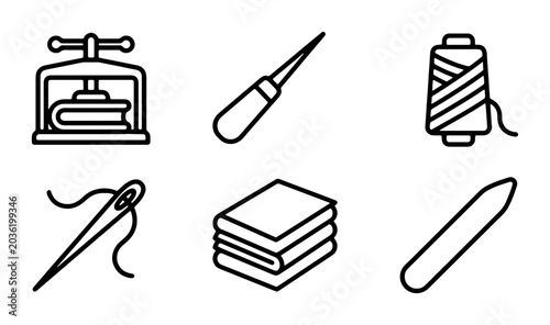 Foto Bookbinding Tools Vector Icons Set: Press, Awl, Thread, Needle, Stacked Books, B
