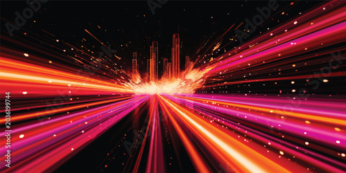 An abstract colorful lights background with glowing lines and a bright wave of energy creates a dynamic neon design across the dark space