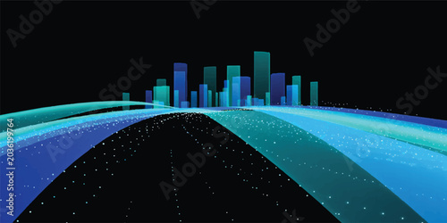 An abstract blue vector illustration of a 3d binary code background overlaying a night city skyline and world map