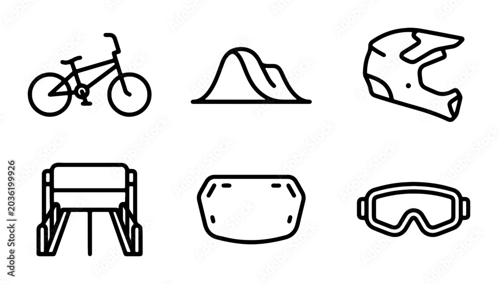 Fototapeta premium BMX Bike, Ramp, Helmet, Goggles, and Protective Gear Icons Set: Extreme Sports Vector Graphics