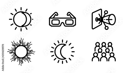 Bild auf Leinwand Astronomy Icons: Sun, Moon, Eclipse, 3D Glasses, Audience, Telescope Vector Set