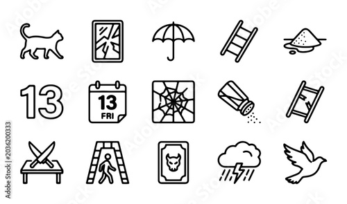 Quadro su tela Superstition Icons: Black Cat, Broken Mirror, Ladder, Salt, Thirteen, Bad Luck S