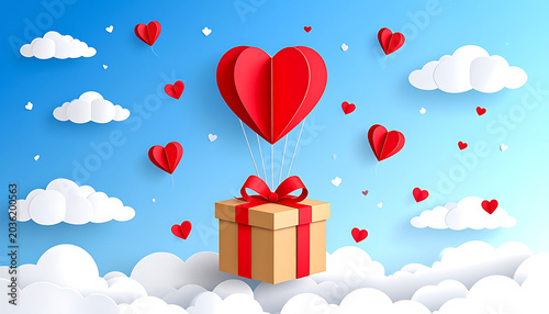 A papercraft heart-shaped hot air balloon rising from a gift box, floating in a bright blue sky with clouds and scattered paper hearts, symbolizing love and surprise