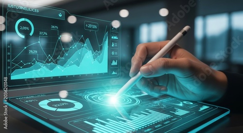 Business professional analyzing financial data on futuristic digital tablet with holographic charts