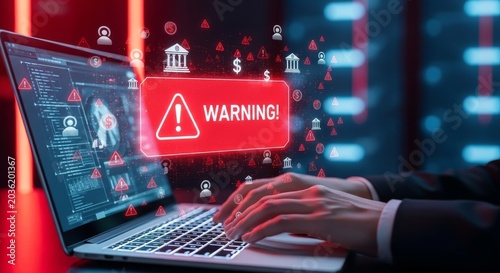 Cybersecurity threat warning on trading laptop with financial data and red alert