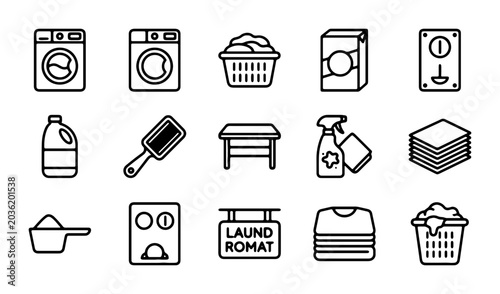 Laundry Icons Set: Washing Machine, Basket, Detergent, Scale, Clothes, Cleanliness Vector Graphics