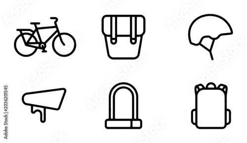 Foto Bicycle Accessories Vector Icons: Bike, Helmet, Lock, Pannier, Saddle, Backpack
