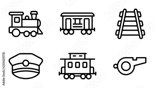 Tablou pe pânză Train Icons Set, Locomotive, Carriage, Railway, Conductor Hat, Whistle, Vector G