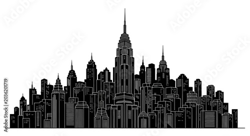 Black and white cityscape silhouette with skyscrapers