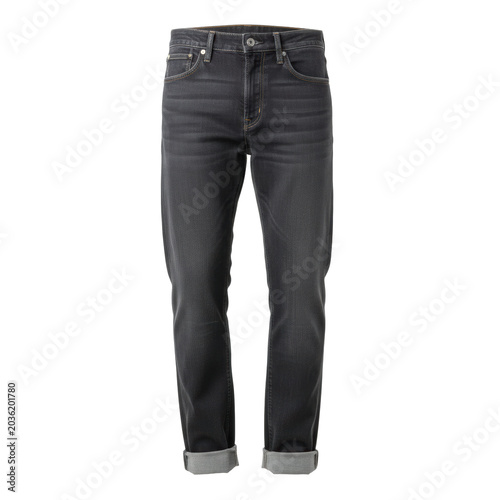 Dark charcoal grey men's denim jeans, twill weave texture, silver rivets, whiskering, double-rolled cuffs revealing lighter lining, isolated on a white background, high-end product display for