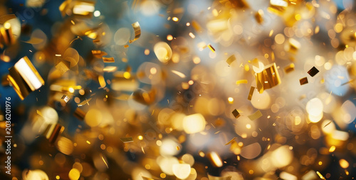 Falling golden metallic confetti and glowing bokeh lights creating a festive atmosphere for a celebration