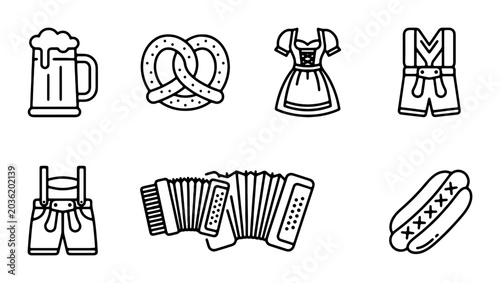 Konstfotografi Oktoberfest Icons Set: Beer Mug, Pretzel, Dirndl, Lederhosen, Accordion, Hot Dog