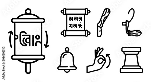 Bild auf Leinwand Tibetan Buddhist Prayer Wheel, Scroll, Bell, Mudra Icons Set, Spiritual Symbols