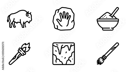 Obraz na płótnie Primitive Art Icons: Buffalo, Handprint, Pigment Bowl, Torch, Cave Painting, Bru